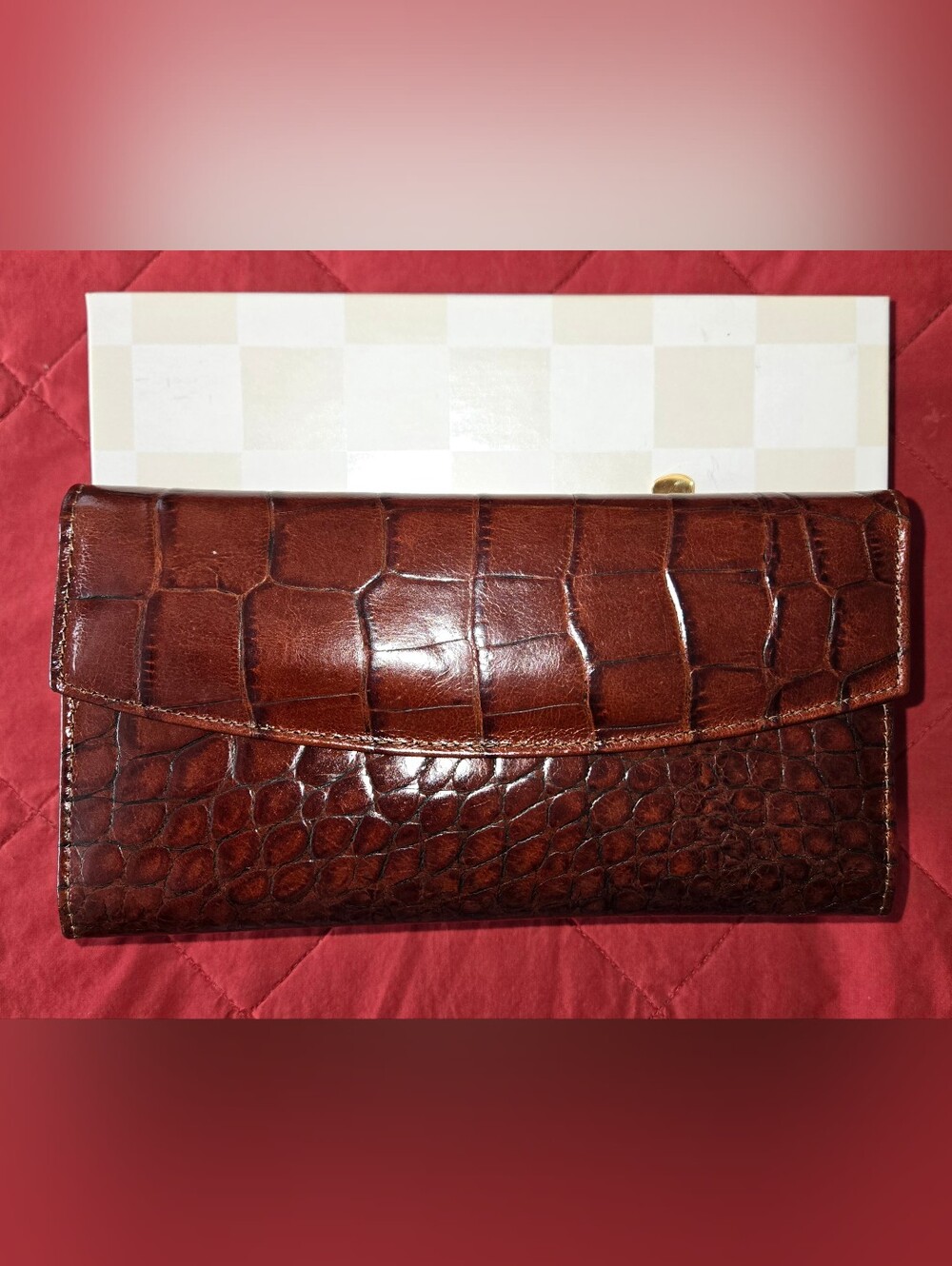 BOSCA, Brown Textured Croc Leather Check Wallet, NEW, NEVER USED